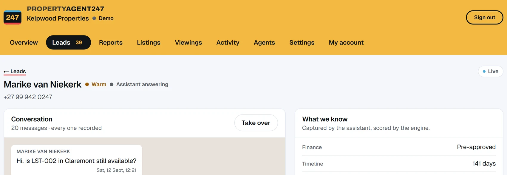 The lead page in the PropertyAgent247 dashboard for Marike van Niekerk at Kelpwood Properties, a demonstration agency: marked Warm, the conversation of 20 messages, every one recorded, with a Take over button, and what the assistant captured, starting with finance pre-approved and a timeline of 141 days.